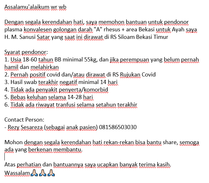 indomidclass's tweet photo. Butuh banget donor plasma konvalesen gol. darah A rhesus +

Rezy temen SMA gue, dokter spesialis syaraf, waktu bokap gue ke IGD karena sesak, Rezy yg jadi dokter jaga, Rezy yg maksa nahan bokap gue di IGD supaya test darah dulu karena EKG nya inkonklusif dan bokap minta pulang https://t.co/ov5qrK2JEd