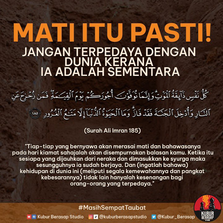 Kubur_Berasap's tweet photo. M A T I I T U P A S TI
Jangan terpedaya dengan dunia kerana ia adalah sementara.
.
#kuburberasap #masihsempattaubat #islam #muslim #hijrahku #sahabatsyurga #islamituindah #solatlimawaktu https://t.co/bS2afksZua