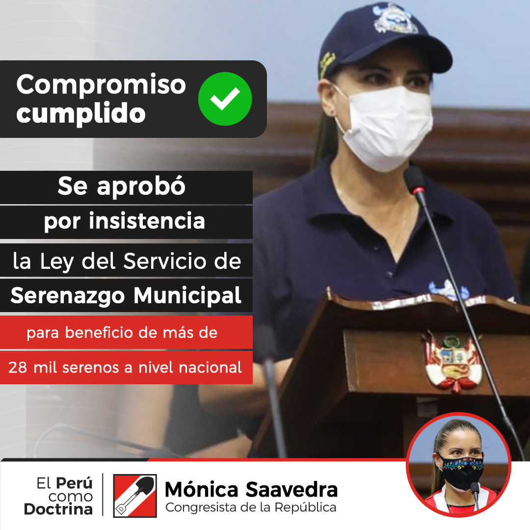 MonicaPeruAP's tweet photo. ✅ Hoy en el Pleno del Congreso aprobamos por insistencia la Ley del Servicio de Serenazgo Municipal, para beneficio de todos nuestros hermanos #serenos y sus familias. #CompromisoCumplido #Adelante #LeyDelSerenoYa https://t.co/Z5z4855r2f