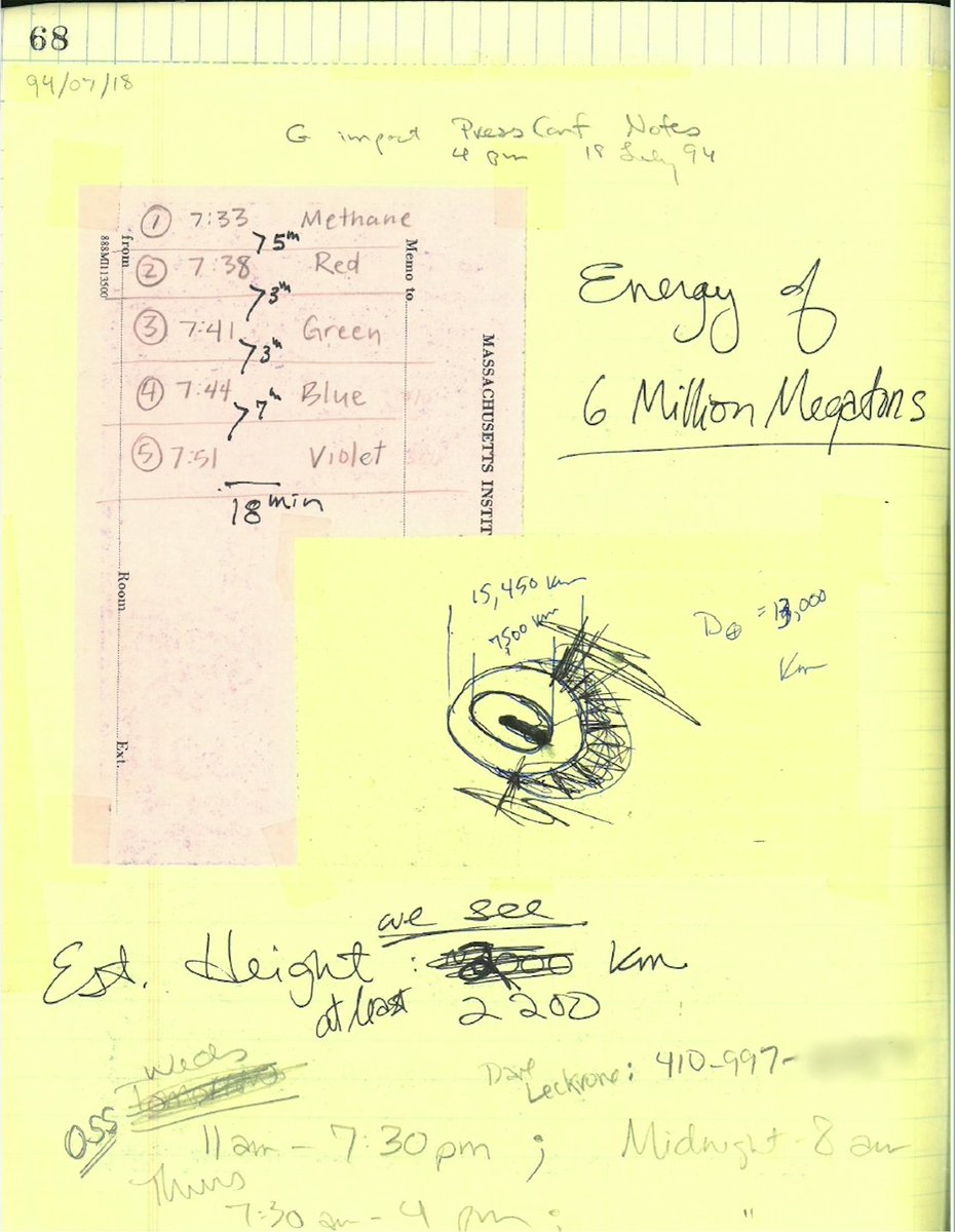 hbhammel's tweet photo. @cosmos4u @2footgiraffe @NASAVoyager @TheFarthestFilm I found two #sciencenotebook pics on my computer - one page of some Shoemaker-Levy 9 Comet Crash in Jupiter "Press Conference Notes" from 1994, and the other of some pages from the 1989 @NASAVoyager2 flyby with Neptune. Impact energy 6 million megatons! Plume height 2,220 km! https://t.co/SNf7jdC99Q