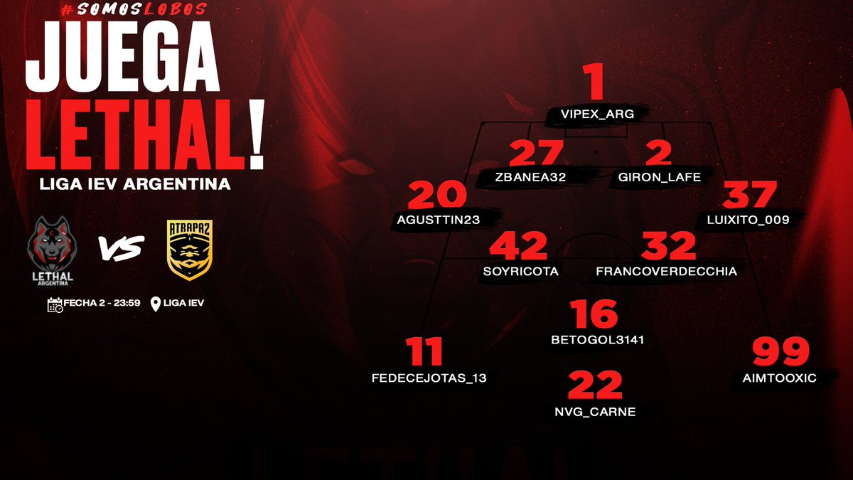 #FIFA21 || 1ra DIV <a href="/ievargentina/">IEV Argentina</a> 
🏆

📅 Fecha 2
🆚 <a href="/Atrapa2Gaming/">-</a>
🕛 23:59

❤️🖤 TODO LETHAL

#VamosLobos🐺