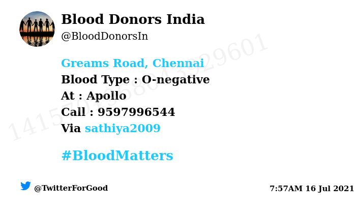 BloodDonorsIn's tweet photo. #Greams Road, Chennai
Need #Blood Type :  O-negative
Blood Component : Blood
Number of Units : 15
Primary Number : 9597996544 
Secondary Number : 9003510163
Patient : A. Praveena
Illness : Anti GBM antibody related
Via: @sathiya2009
#BloodMatters
Powered by Twitter https://t.co/4vh0zp5G5Z