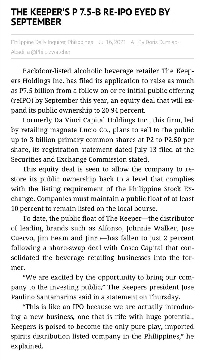 Philbizwatcher's tweet photo. P7.5B re-IPO of DAVIN - to be renamed The Keeper- may increase public float to 21% from 2% ⁦by Sept https://t.co/jFTlf2DHxC