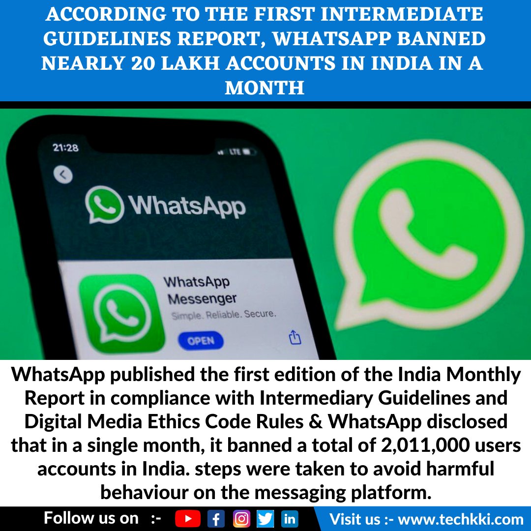 techkki's tweet image. According to the first intermediate guidelines report, WhatsApp banned nearly 20 lakh accounts in India in a month
#WhatsApp #whatsappshow #whatsappweb #WhatsAppBeta #WhatsAppuniversity #IT #itlaws #itrules2021 #Facebook #policies #technology #technews #techkki #whatsappgroup