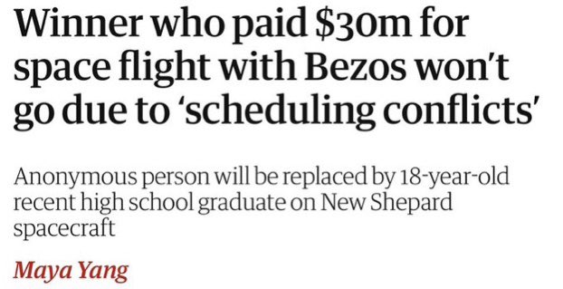 litcapital's tweet photo. How tf you pay $30 million for a space flight with Bezos and double book the time slot https://t.co/qiEoxOCsjg