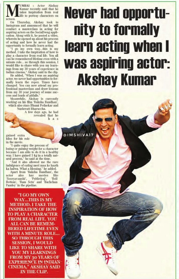 imshiva17's tweet photo. Never had opportunity to formally
learn acting when I was aspiring
actor : @akshaykumar
On Thursday, #AkshayKumar took Instagram and announced that
he will conduct a masterclass
in acting for aspiring actors
on the #SocialSwag application.y https://t.co/bbe8xTAl2p