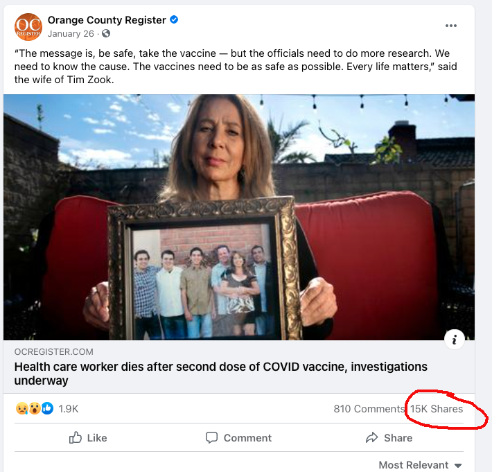 mmcphate's tweet photo. Article raising possible link between Covid vaccine and a man's death → 15,000 shares
Follow-up months later on coroner ruling out the vaccine as a factor → 19 shares
https://t.co/wpizR7EcPq https://t.co/CYhq4sfgyC