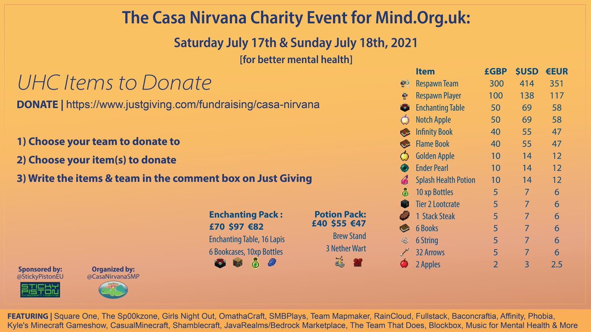 CasaNirvanaSMP's tweet photo. In our Charity UHCs for @MindCharity this weekend, you'll be able to donate items to your favorite team! (Or donate to yourself if you're playing & get an advantage!)
We thank you for any generosity towards supporting Mind ❤️
https://t.co/kWa9nILfZa
#MentalHealthAwareness #UHC https://t.co/tbu2c5DqhB