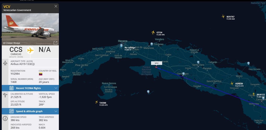 Alerta140's tweet photo. 🇻🇪🇨🇺 | #URGENTE

El avión presidencial de la Dictadura Venezolana se encuentra en camino hacia Cuba. Se trata del Airbus A319, matrícula YV2984. El mismo está sancionado por Estados Unidos.
Info de @agusantonetti https://t.co/KbKaCCHQ4U
