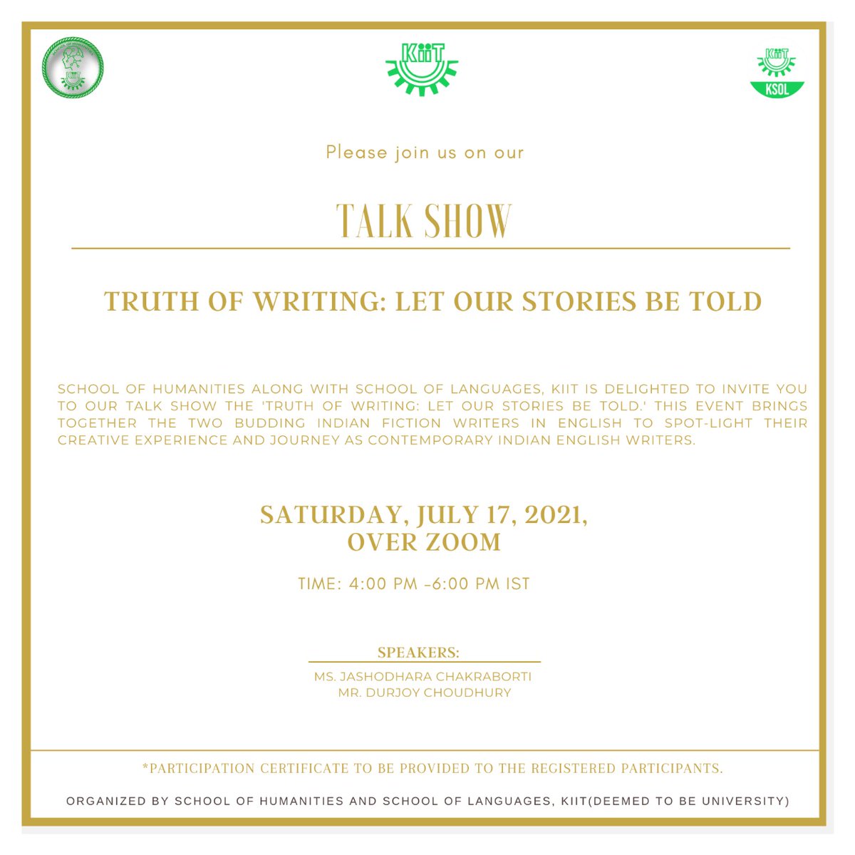 OfKsoh's tweet image. Registration Link: forms.gle/2x3AZY2buKggYL…

'The Truth of Writing’: Let our Stories be Told

Join us for an interactive session with two contemporary authors Ms. Jashodhara Chakraborti and Mr. Durjoy Choudhury.
#KIIT #KSOH #KSOL #WeLoveKIIT