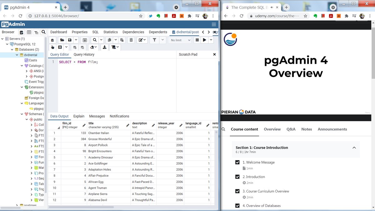 izag82161's tweet image. 【 PostgreSQL再入門 】
☑ The Complete SQL Bootcamp 2021
by Jose Portilla
昔 実務で少し #SQL 言語を使っていましたが、とても限定的でした。今回こちらのコースでSQLマスターを目指そうと思います。#pgAdmin のインターフェイスもすばらしく、ストレスレスに学習できています😄
.