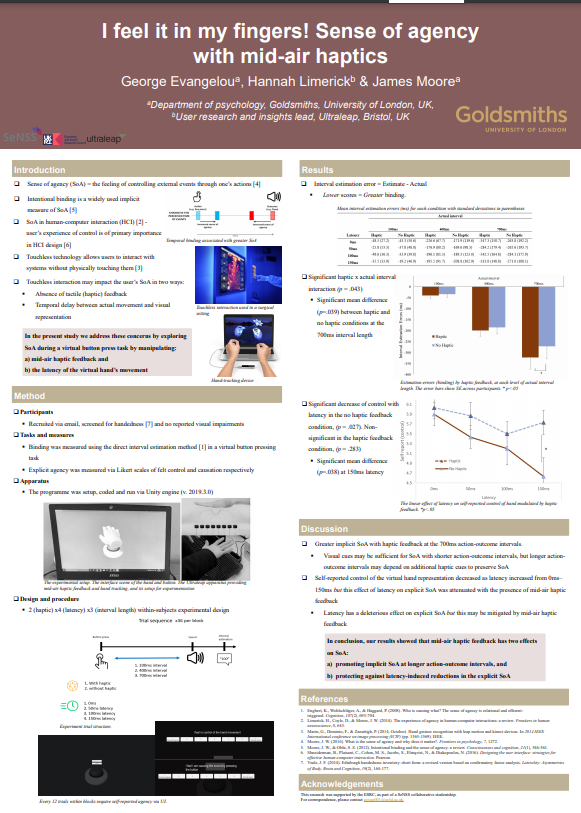 It's #SeNSSConf21 time!! Our <a href="/SeNSSDTP/">SeNSS DTP</a> <a href="/ESRC/">Economic and Social Research Council</a>  funded postgraduate researchers have produced some amazing posters, communicating their research. This one from <a href="/GeoEvangelou/">George Evangelou</a> (with Hannah Limerick and James Moore). <a href="/GoldsmithsUoL/">Goldsmiths, University of London</a> <a href="/GoldsmithsPsych/">GoldsmithsPsychology</a> #Haptics #SocialSciences #PhD
