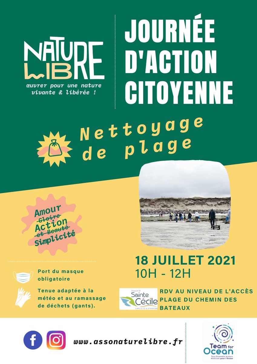 AssoNatureLibre's tweet photo. Nature Libre vous invite à une journée d’action citoyenne de nettoyage de plage ce dimanche 18 Juillet 2021 de 10h à 12h sur la plage de Saint Gabriel.

Nous vous donnons rdv au niveau de l’accès plage du chemin des bateaux.

À très vite !!✨ https://t.co/t0zc7kzwbx