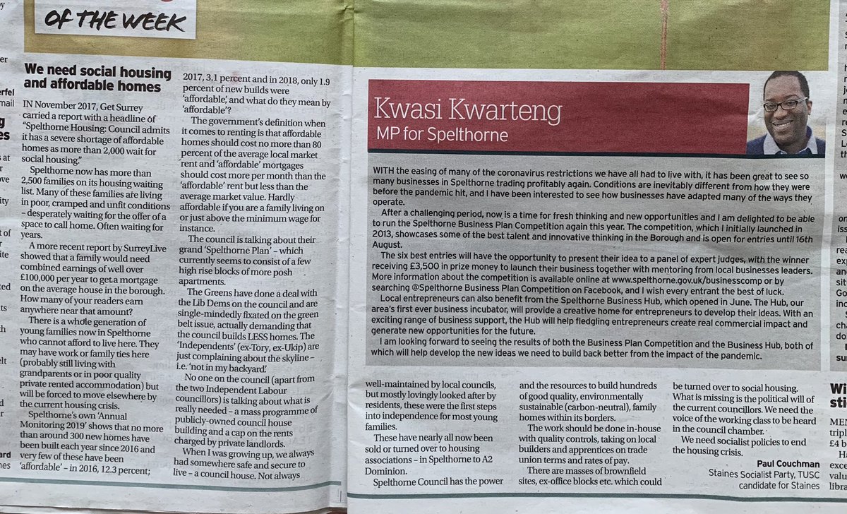 PaulSurreySP's tweet photo. @SurreySocialism my letter in this week’s @GetSurrey @NorthSurreyAd WE NEED SOCIAL HOUSING AND TRULY AFFORDABLE HOMES. Vote @TUSCoalition @Socialist_party in #Staines in @SpelthorneBC #byelection on Thursday 22 July https://t.co/Op6w8Sep0L