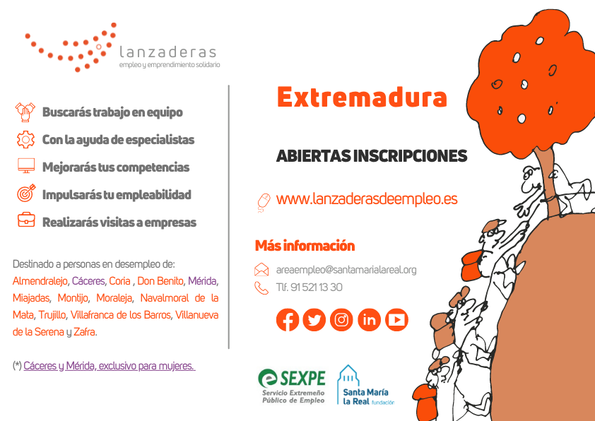 ‼️ Continúa abierto el plazo de inscripción📝 para participar en las 13 Lanzaderas de #Empleo.

📌Almendralejo
📌Cáceres
📌Coria
📌Don Benito
📌Mérida
📌Miajadas
📌Montijo
📌Moraleja
📌Navalmoral de la Mata
📌Trujillo
📌Villafranca de los Barros
📌Villanueva de la Serena
📌Zafra