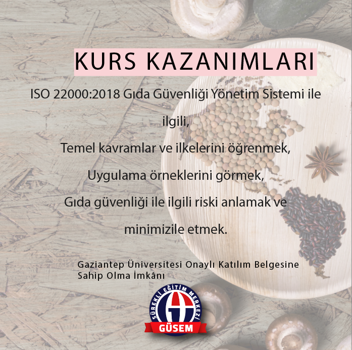 Gıda Güvenliği Yönetim Sistemi Eğitimi hakkında detaylı bilgi almak ve kayıt yaptırmak için buff.ly/3xVs4d3 adresini ziyaret edebilir veya 0 342 360 18 55 nolu telefondan bize ulaşabilirsiniz.

#gıdagüvenliği
#ıso22000:2018
#gaziantepüniversitesi
#güsemgaziantep