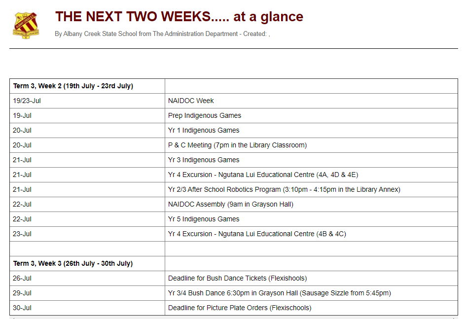 We would like to invite everyone to join our NAIDOC assembly on Thur, where the theme is "Heal Country." Prep, Yr 1, 3 &amp; 5 will participate in indigenous games with our partners from Bunyaville Environmental Education Centre. Yr 4's will visit the indigenous centre Ngutana Lui.