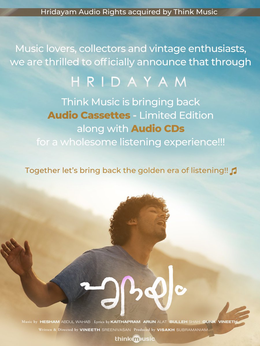 Mohanlal's tweet photo. It's a pleasure to have @thinkmusicindia associate with the #Hridayam family and we are elated to share this with you!
#BringingCassettesBack 
#aVineethSreenivasanfilm
@visakhsub @impranavlal @kalyanipriyan
@darshanarajend @merrylandcine @HeshamAWMusic
@thinkmusicindia https://t.co/EfeJKdQV63