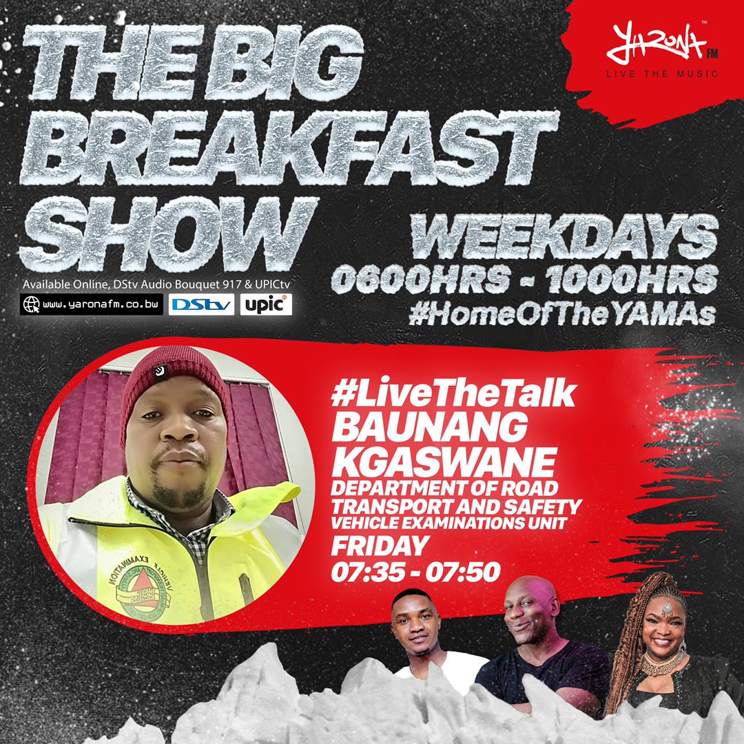 yaronafm's tweet photo. #HomeOfTheYAMAs
Wake up and warm up to a LIT Friday with Bad Boy @BrandoKeabilwe & Bo Hardy on The Big Breakfast Show! 📻🎶🎵🔥🔥Let's hear from Baunang Kgaswane from Department Of Road Transport And Safety on #LiveTheTalk 🔥
#YaronaFM #TheBigBreakfastShow https://t.co/19xO1zJ0uV