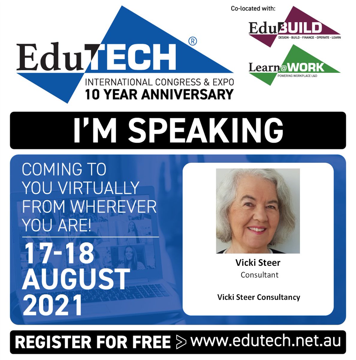 A warm welcome to <a href="/vickisteer/">Vicki Steer</a> Consultant of Vicki Steer Consultancy, who will speak at EduTECH 2021. Vicki will be speaking on Day 1 about 'Organisations, practice and space: the strategic design of schools'. View the full list of speakers here bit.ly/35x4fvf