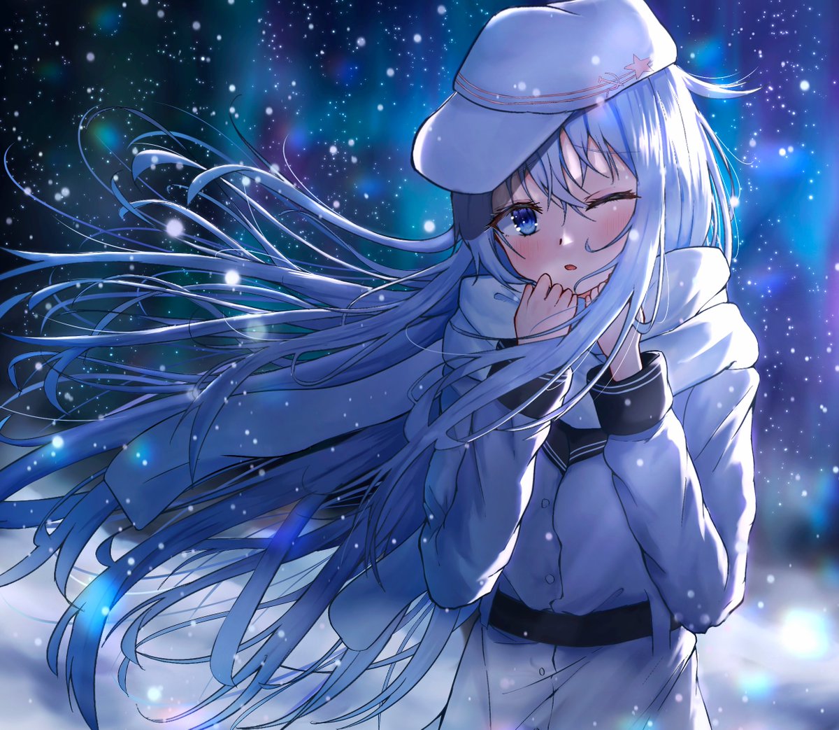 hibiki (kancolle) ,verniy (kancolle) 1girl long hair solo blue eyes hat one eye closed scarf  illustration images