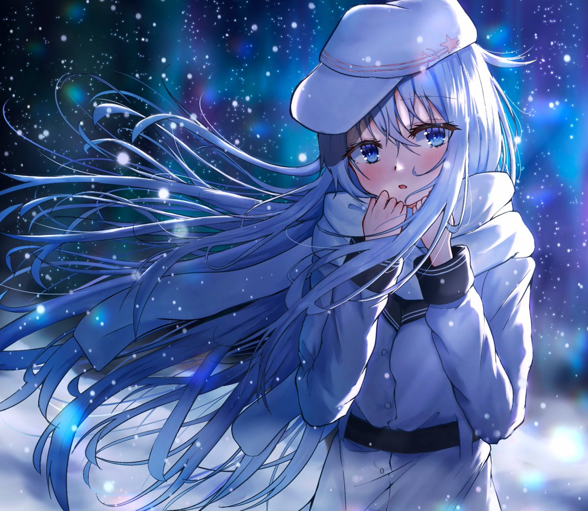 hibiki (kancolle) ,verniy (kancolle) 1girl long hair solo blue eyes hat one eye closed scarf  illustration images