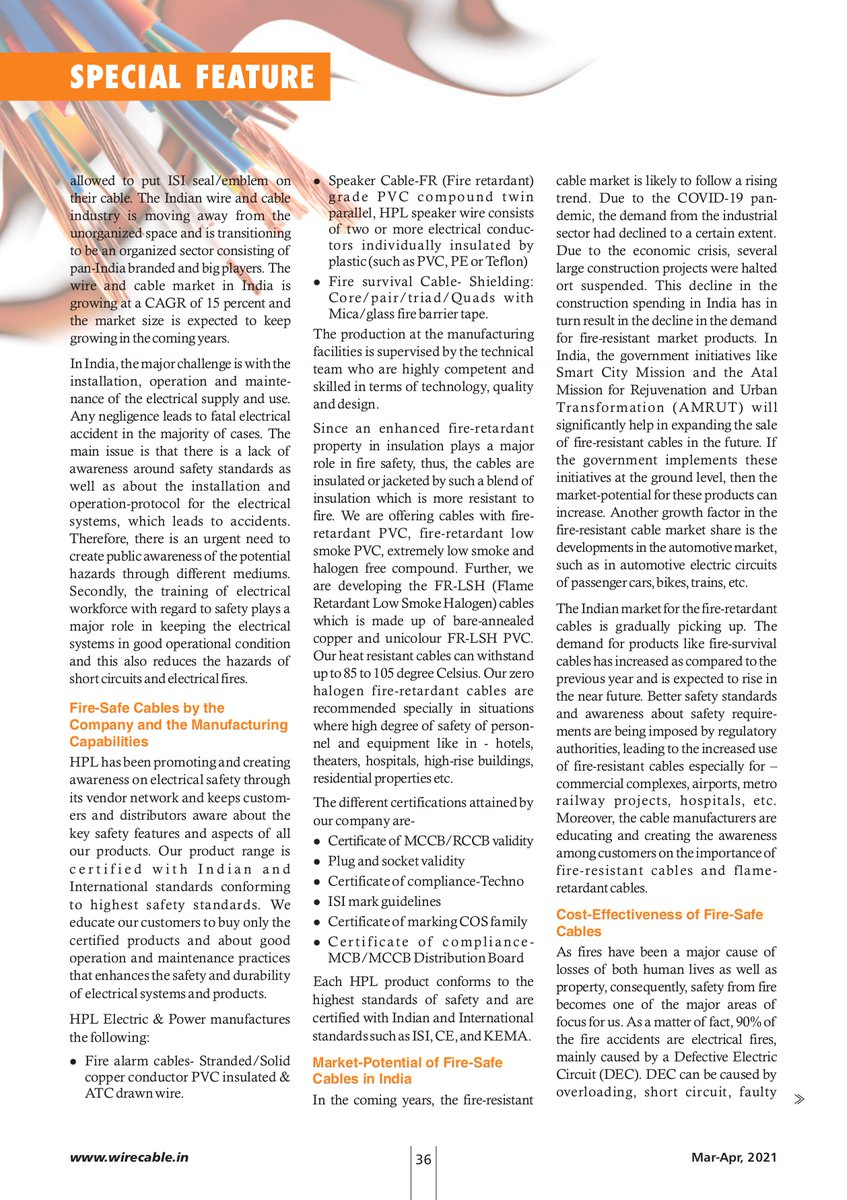 wirecableindia's tweet photo. #HPLElectric Interview: https://t.co/etXZ9z9KKZ
#WireandCableIndia's Special Feature on 'Fire Safe Cables' sheds insights from the #TopCableCompanies on the importance of fire safety, product development and indispensable role of #firesafecables.
#wireandcableindustry https://t.co/tNjSu1XAXo