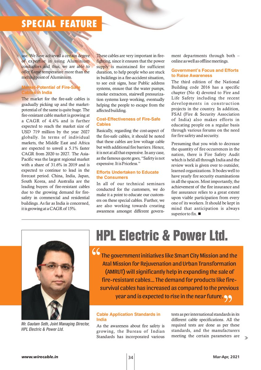 wirecableindia's tweet photo. #HPLElectric Interview: https://t.co/etXZ9z9KKZ
#WireandCableIndia's Special Feature on 'Fire Safe Cables' sheds insights from the #TopCableCompanies on the importance of fire safety, product development and indispensable role of #firesafecables.
#wireandcableindustry https://t.co/tNjSu1XAXo