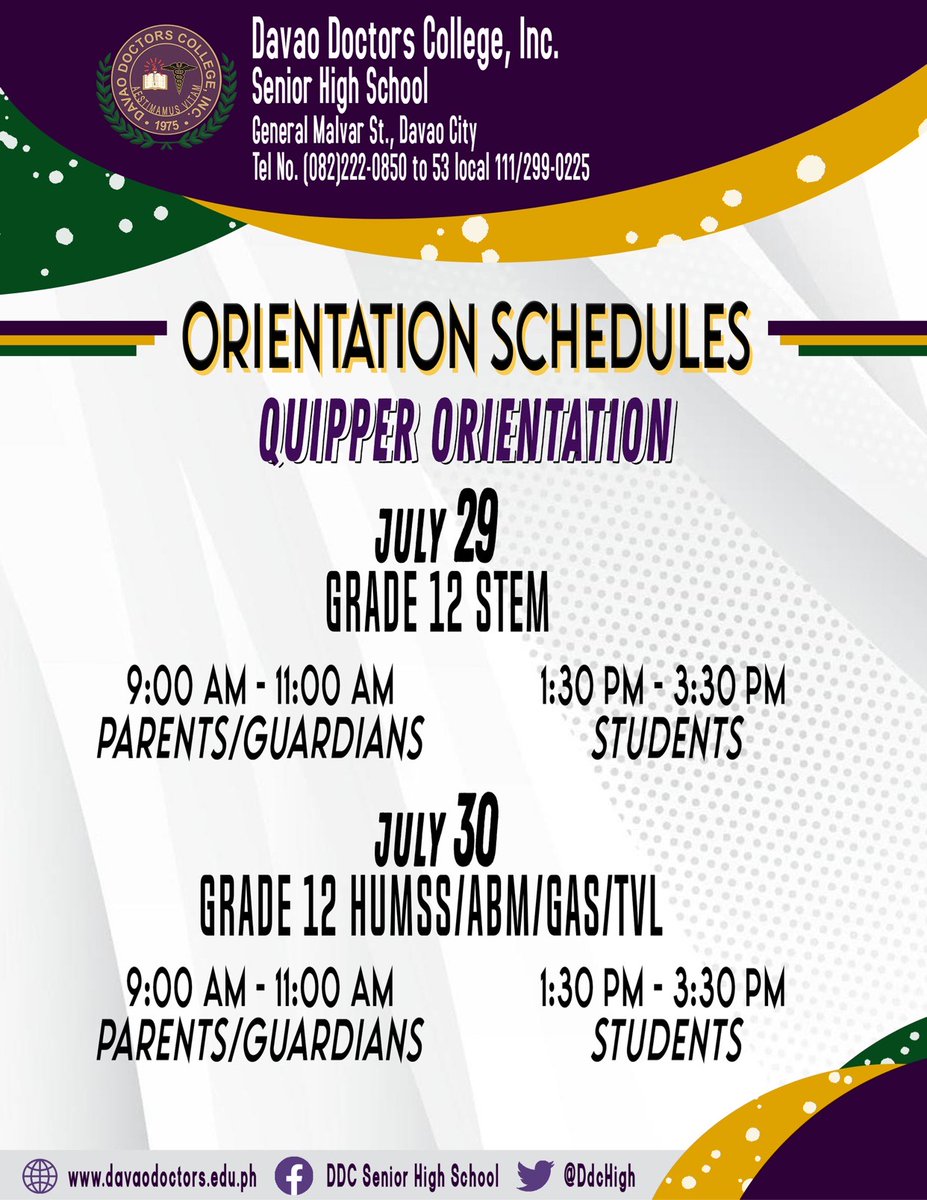 DDCSHSOfficial_'s tweet photo. ANNOUNCEMENT

We are inviting all the parents/guardians and students to attend the orientation about Quipper, Learning Management System (LMS), grading system, events, and other announcements via Zoom.

Your attendance are highly appreciated. Have a nice day! https://t.co/ZydbPuvg0X