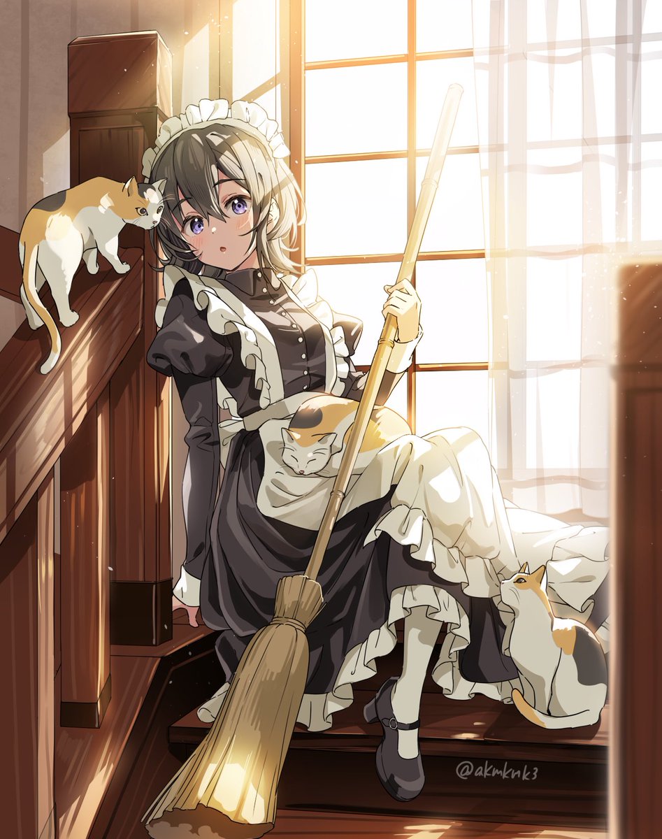 1girl maid cat maid headdress apron broom sitting  illustration images