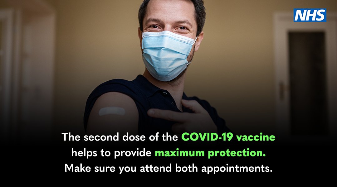 The second dose of the COVID-19 vaccine helps to provide longer-term protection.

It’s important to keep your vaccination appointment when it is offered to you. nhs.uk/CovidVaccine
