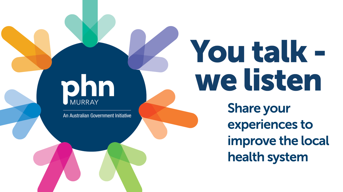 MurrayPHN's tweet photo. Community members &amp; health professionals living or working in our region - we want to hear from you!
Participate in online conversations next week &amp; complete a survey to help us understand more about local health needs, gaps and opportunities. For more: https://t.co/DLkp397hWl https://t.co/e99N7nTOUt