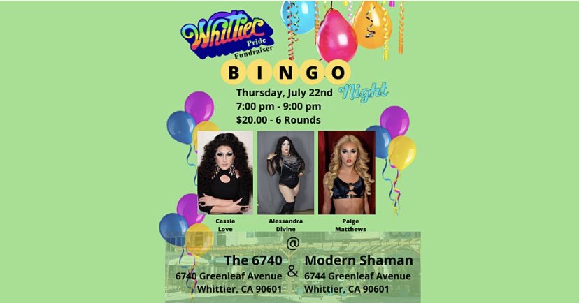 PrideWhittier's tweet photo. YASS Queen! #DragBingo is coming to Whittier next Thursday July 22. Capacity is limited, advanced tickets necessary. Tickets do not include drink or dinner. Funds raised to support upcoming #WhittierPride Festival in September.

https://t.co/IHxkFW4ACe https://t.co/rbs0T8D4YZ