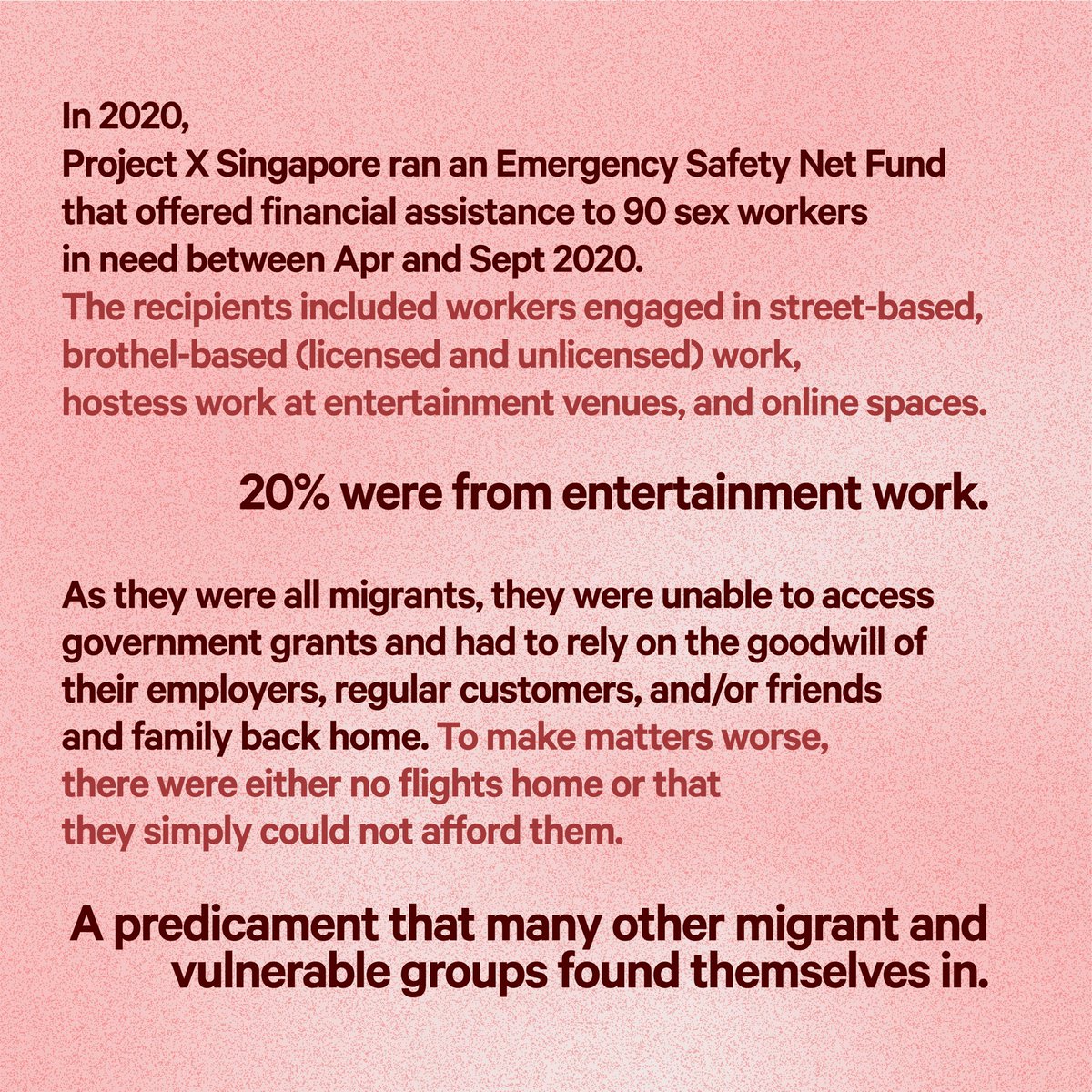 ProjectX_SG's tweet photo. 𝐎𝐮𝐫 𝐒𝐭𝐚𝐭𝐞𝐦𝐞𝐧𝐭: Entertainment &amp; #sexworkers face greater vulnerabilities during this pandemic - we agree that nightlife venues should adhere to strict safe management measures but blaming &amp; stigmatising workers is unproductive and heavy-handed. #sgktv #KTVcluster https://t.co/GAGPfqgq51