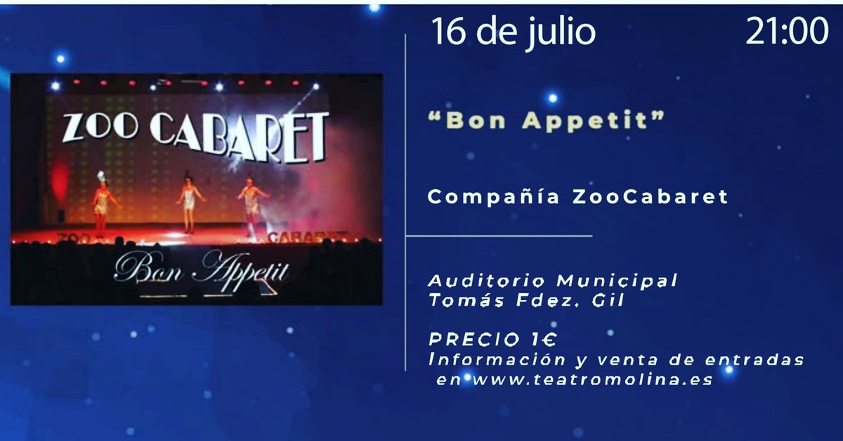 Sorpresa!
Hoy!Viernes 16 de Julio estaremos con el show "Bon Appetit", en la Presentación del 52 Festival de Teatro de Molina de Segura. 
21:00h. en el Auditorio Municipal Tomás Fdez. Gil

Venta de entradas en la web bacantix.com/Entradas/?id=m…

Os esperamos!!!! #laculturaessegura