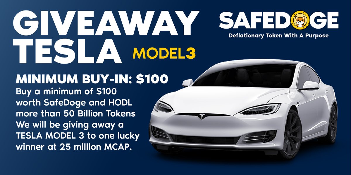 We are giving away a <a href="/Tesla/">Tesla</a> Model 3 to a lucky winner on reaching an MCAP of $25 million.
All you have to do is, buy in a minimum of $100 and hold 50 billion tokens till we reach the required MCAP. To buy in visit safedoge.me
RT
#TeslaModel3 #TeslaGiveAway #SafeDoge