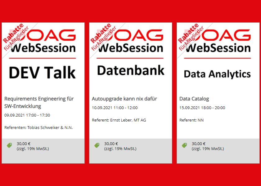 DOAGeV's tweet photo. Ab dem 1. September 2021 sind die #WebSessions nur noch für #DOAG-Mitglieder einschließlich #AOUG, #SOUG, #iJUG-Verbund kostenfrei. Ein weiteres Plus der Mitgliedschaft – neben den ermäßigten Konferenzpreisen, dem großen Netzwerk und den IT-Zeitschriften! https://t.co/YhNZQwsUwa https://t.co/GwuFFYaPy1