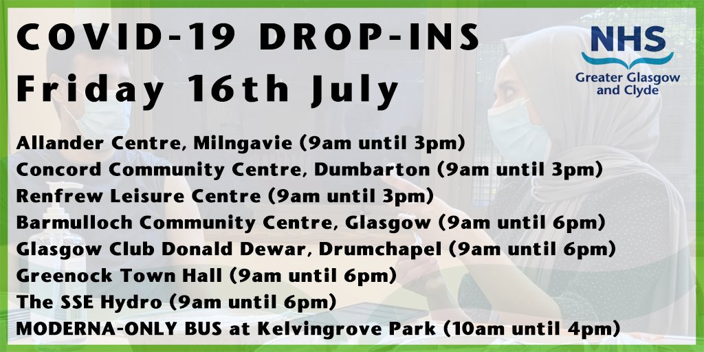 NHSGGC's tweet image. We have 7 COVID-19 drop-in sites open across NHSGGC today, in @EDCouncil, @GlasgowCC, @inverclyde, @RenCouncil, @WDCouncil. and at @TheSSEHydro.

Find your nearest drop-in centre at nhsggc.org.uk/your-health/he… 📰

#NHSGGC