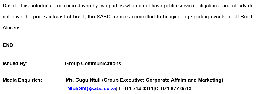 MEDIA STATEMENT EXCLUSIVE DEAL BETWEEN CAF AND PAY-TV BLOCKS SABC FROM BROADCASTING KAIZER CHIEFS vs AL AHLY FINAL