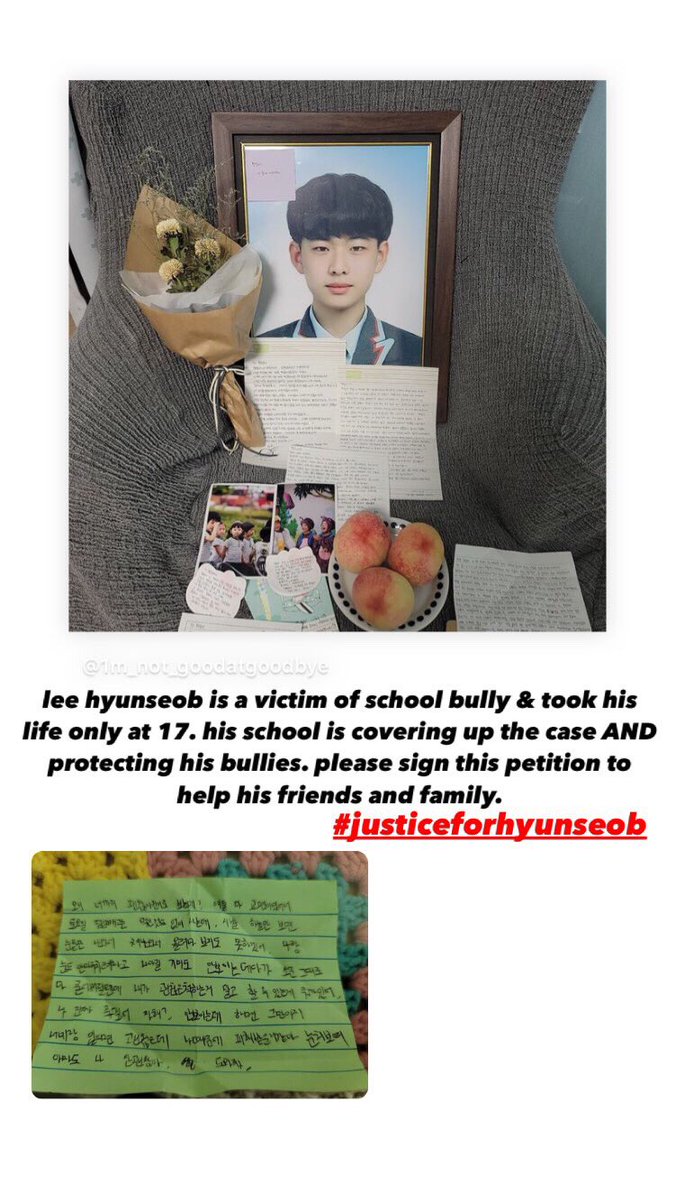 12nidae's tweet photo. Pls// RT 
อยากให้ทุกคนช่วยแชร์ข่าวนี้หน่อยนะคะ
พี่เขาวัย17ปี ถูกเพื่อนบลู่ลี่หนัก จนต้องจบชีวิตลง แต่โรงเรียนปิดข่าวและผู้กระทำผิดค่ะ คุณแม่ของพราเขาต้องการความเป็นธรรมค่ะ  #justiceforhyunseob https://t.co/UaxgVkTM2B