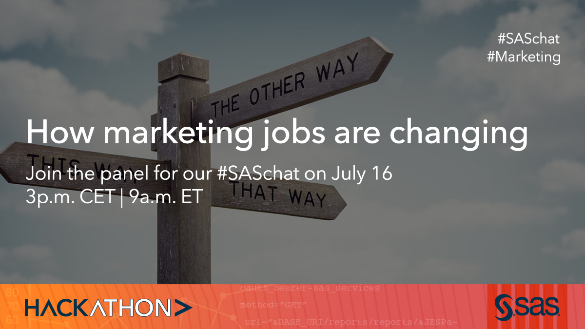 Today is the day! See you in a few hours for our #SASchat - we will talk about how #Marketing jobs are changing. 2.sas.com/6017yXhNh