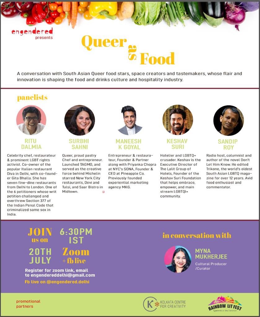 RainbowLitFest's tweet photo. Cultures of change, flair for innovation and FOOD!!! It is absolutely rare to discuss queerness and food, food and queer people who have influenced flavours, cuisines and the culture of meals and what you eat.
#RainbowLitFest #Engendered #KolkataCenterForCreativity #QueerasFood https://t.co/bYWNjwkKHm