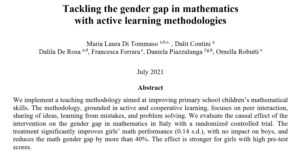 I’m happy to share a new WP w/ ML Di Tommaso, D Contini, D De Rosa, F Ferrara, O Robutti

“Tackling the gender gap in mathematics with active learning methodologies”
drive.google.com/file/d/1wXAQ0c…

a short thread 🧵
#EconTwitter #gender #math #activeLearning

1/11