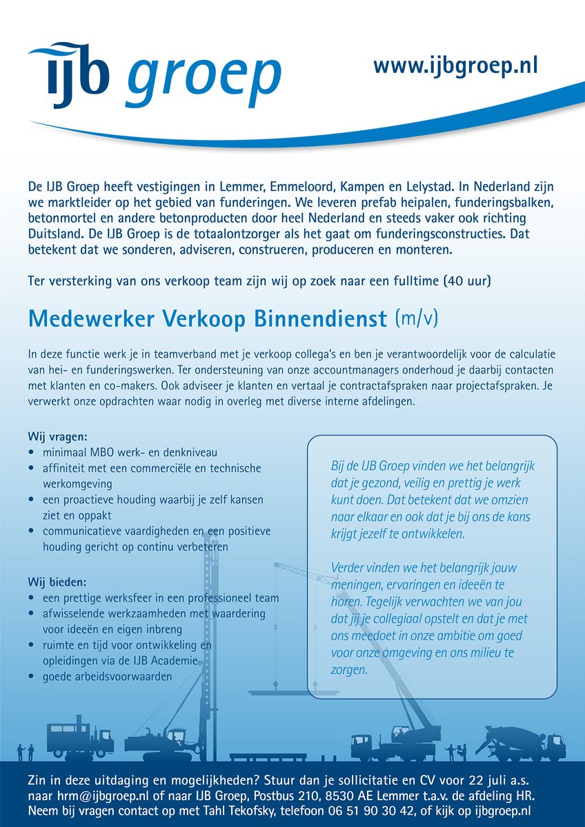 Voor de verkoop van onze prefab funderingsproducten zoeken we per direct een Medewerker Verkoop Binnendienst. Heb jij affiniteit met commercie en techniek? Kijk dan snel op: ijbgroep.nl/ijb-groep/werk…