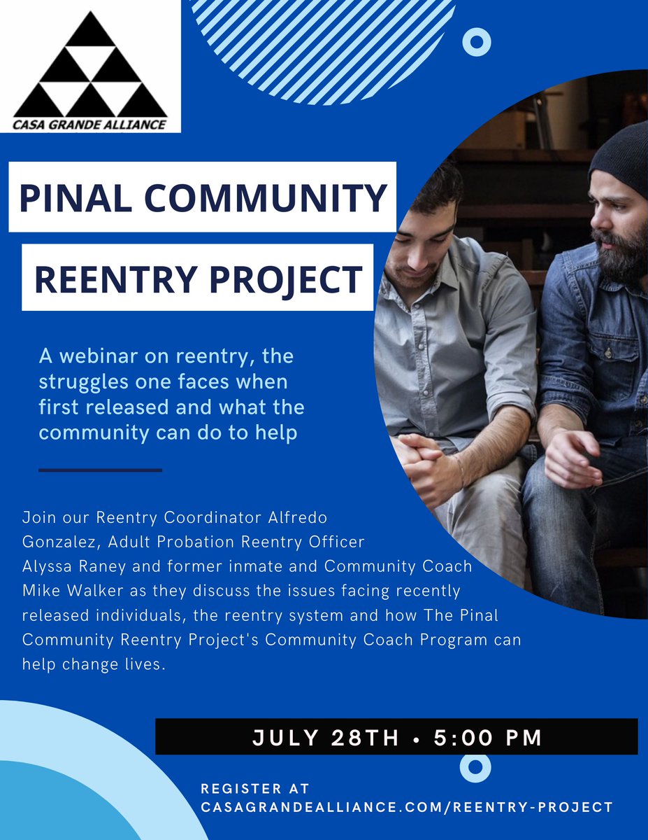 Join our Reentry Coordinator Alfredo Gonzalez, Adult Probation Reentry Officer Alyssa Raney, and former inmate and Community Coach Mike Walker as they discuss the issues facing recently released individuals, the reentry system.
to register please visit: 
Casagrandealliance.com/reentry-project
