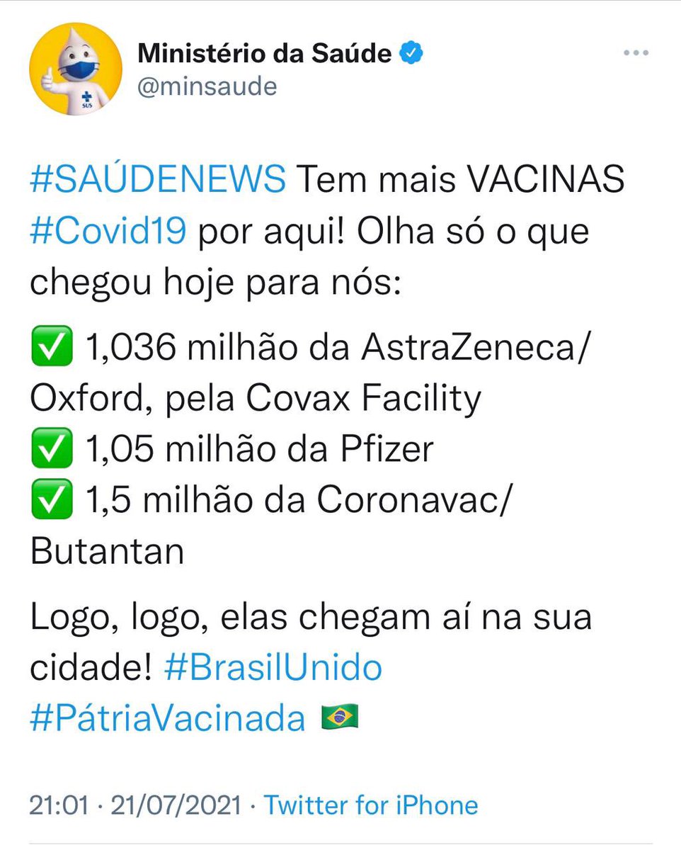 eduardopaes's tweet photo. Essa semana o @minsaude recebeu cerca de 7.5mi de doses de vacina(vejam abaixo) e até o presente momento não temos notícia de quando receberemos.  Divulgamos nosso calendário de acordo com as chegadas informadas pelo ministério.  Se não cumprirem corremos o risco de atrasar. 1/2 https://t.co/ZoWq4dGkUs