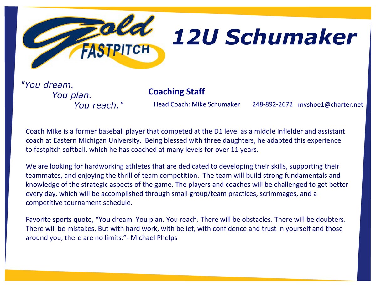 Gold_Fastpitch's tweet photo. Check out our 12U Schumaker Team! Contact Mike Schumaker for more info: 248-892-2672 mvshoe1@charter.net
Register with link: https://t.co/vuCcgLZMV8 https://t.co/aK3jfxTfBo