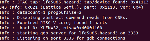 Debugging my RISC-V core through the ECP5 chip TAP with:
- A USB cable
- Upstream openocd and gdb
- Some JTAG crimes

"lfe5u85.hazard3 tap/device found .. mfg: Lattice Semi."