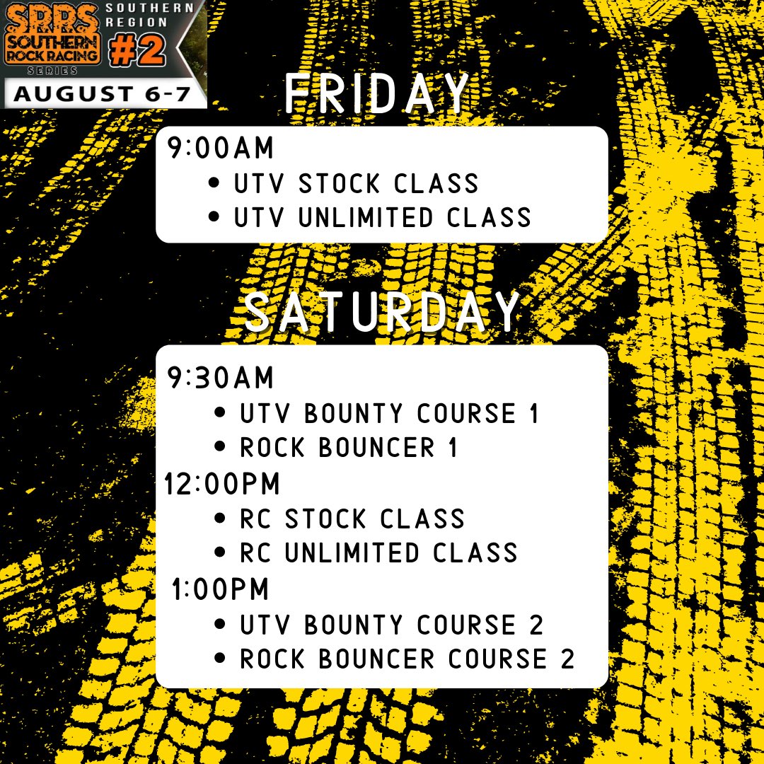 Southern Rock Racing Series is coming &amp; here are all the details! 

Fees: 
Thursday (-wkend) 
$50/person + Camping

Friday (-wkend) 
$40/person + Camping

Saturday (-wkend) 
$25/person + Camping

Sunday
Regular Pricing