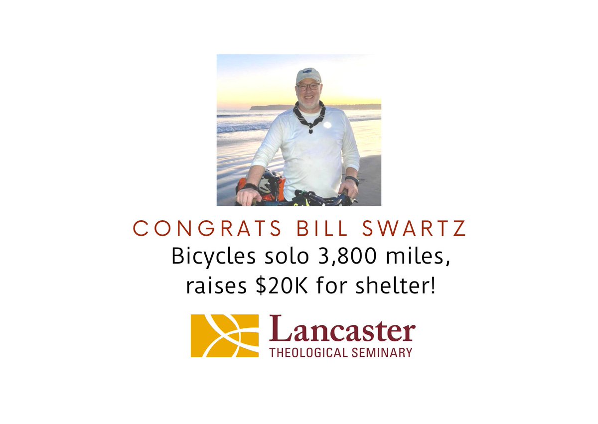 LancSem's tweet photo. What did you do on your summer vacation? Incoming MDiv student Bill Swartz of York, PA, bicycled from New Jersey to California and raised more than $20,000 for a shelter that helps families experiencing homelessness.
Details: https://t.co/4t3xFgbHTs
#LTSleads #LTSforward https://t.co/BR1BMOum5z